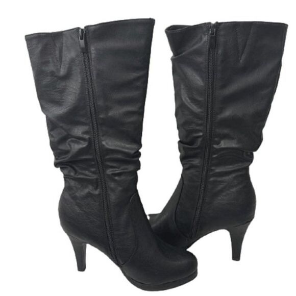 NWT Box Top Moda Page-43 Mid Calf Round Toe Slouched High Heel pu Leather Boots - Picture 1 of 12